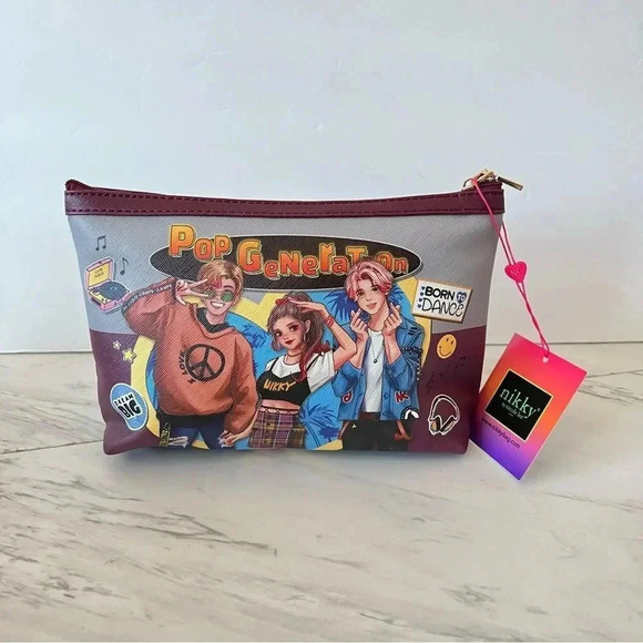 Nikky By Nicole Lee Cosmetic Pouch Bag Pop Generation Gray/Burgundy - Picture 2 of 8